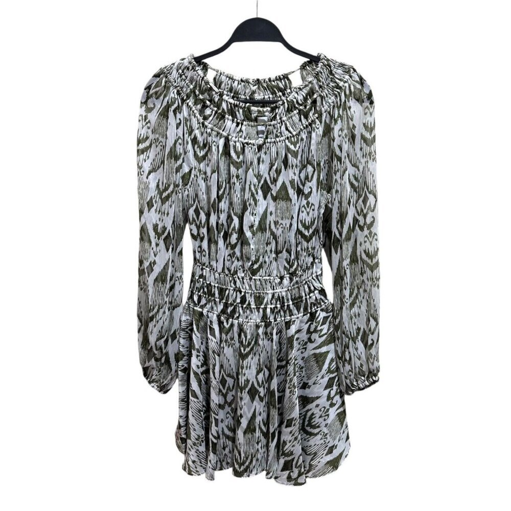 MISA Los Angeles Geometric Ikat Print Smocked Mini Dress Olive Green White